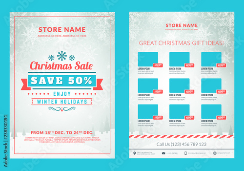 Christmas sale catalog design. Business flyer template. Vintage badge with winter background