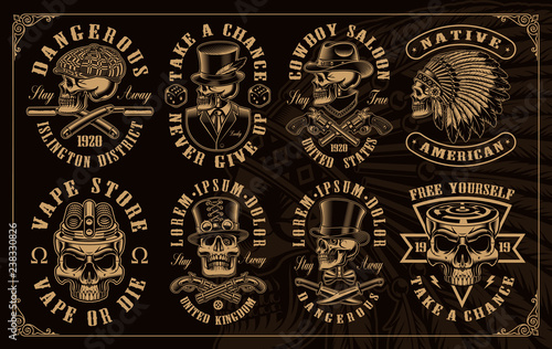 Set of vintage skulls in different styles