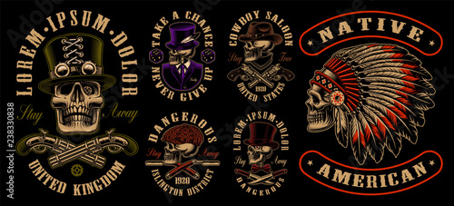 Set of designs with skulls in different styles.