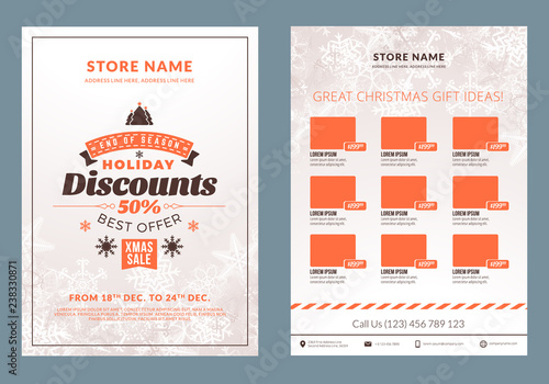 Christmas sale catalog design. Business flyer template. Vintage badge with winter background