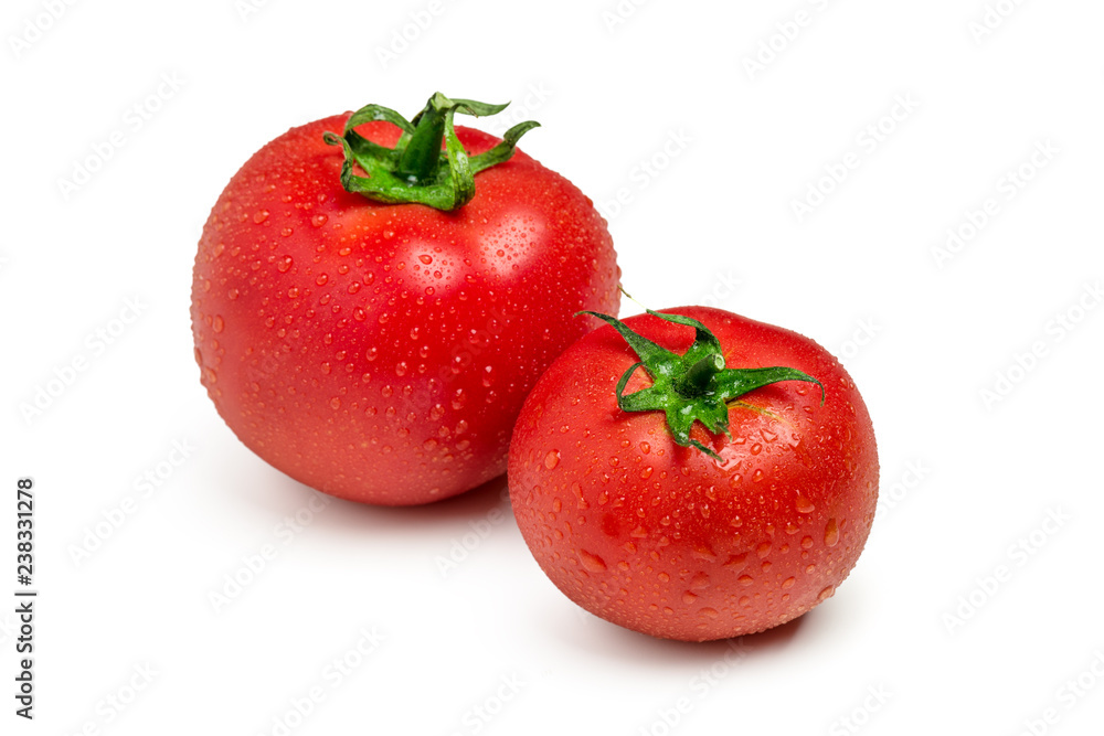 Tomatoes isolated on white background. Two fresh raw vegetables Tomatoes isolated on white background. Two fresh raw vegetables