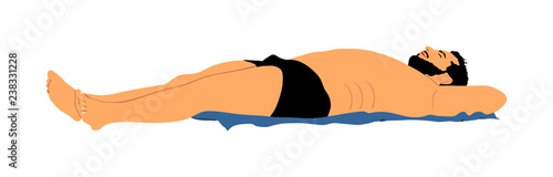 Sexy suntan beach man sunbathing in fashion bikini. Beautiful fit body relaxing. Weight loss or skin care sun protection concept. Vector illustration isolated on white. Macho man lying, play boy.