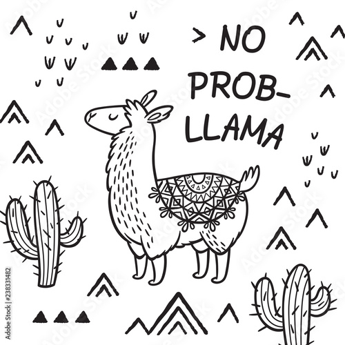 No prob llama. Ink cartoon llama vector print