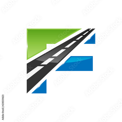 F letter road construction creative symbol layout. Paving logo design concept. Asphalt repair company sign idea