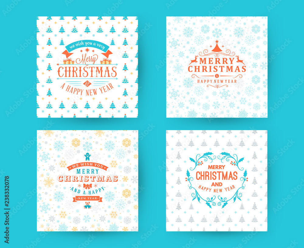 Merry Christmas and Happy New Year. Retro design on seamless background. Set of vector backgrounds for wrapping paper or greeting card