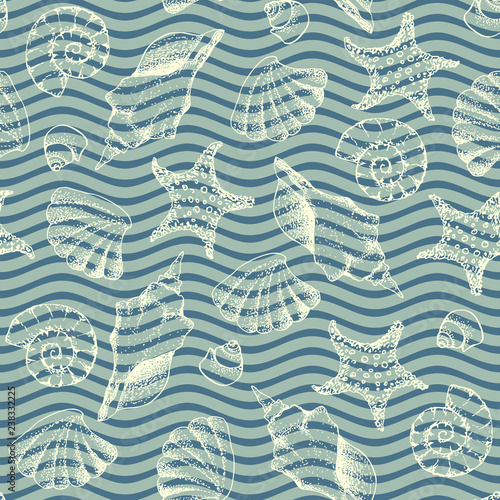 Blue waves pattern and hand draw in marine style.