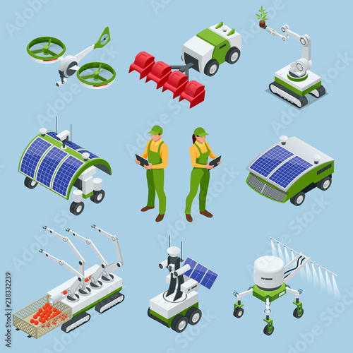 Isometric set of iot smart industry robot 4.0, robots in agriculture, farming robot, robot greenhouse. Agriculture smart farming technology vector illustration