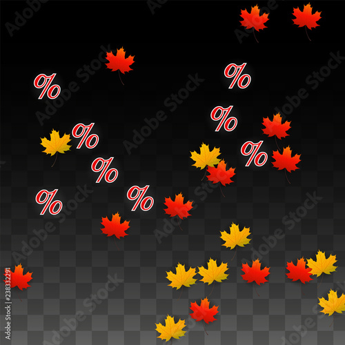 Vector Percentage Sign and Autumn Leaves Confetti on Transparent Background. Percent Sale Background. Business, Economics, Finance Print. Discount Illustration. Promotion poster. Black Friday Banner. 