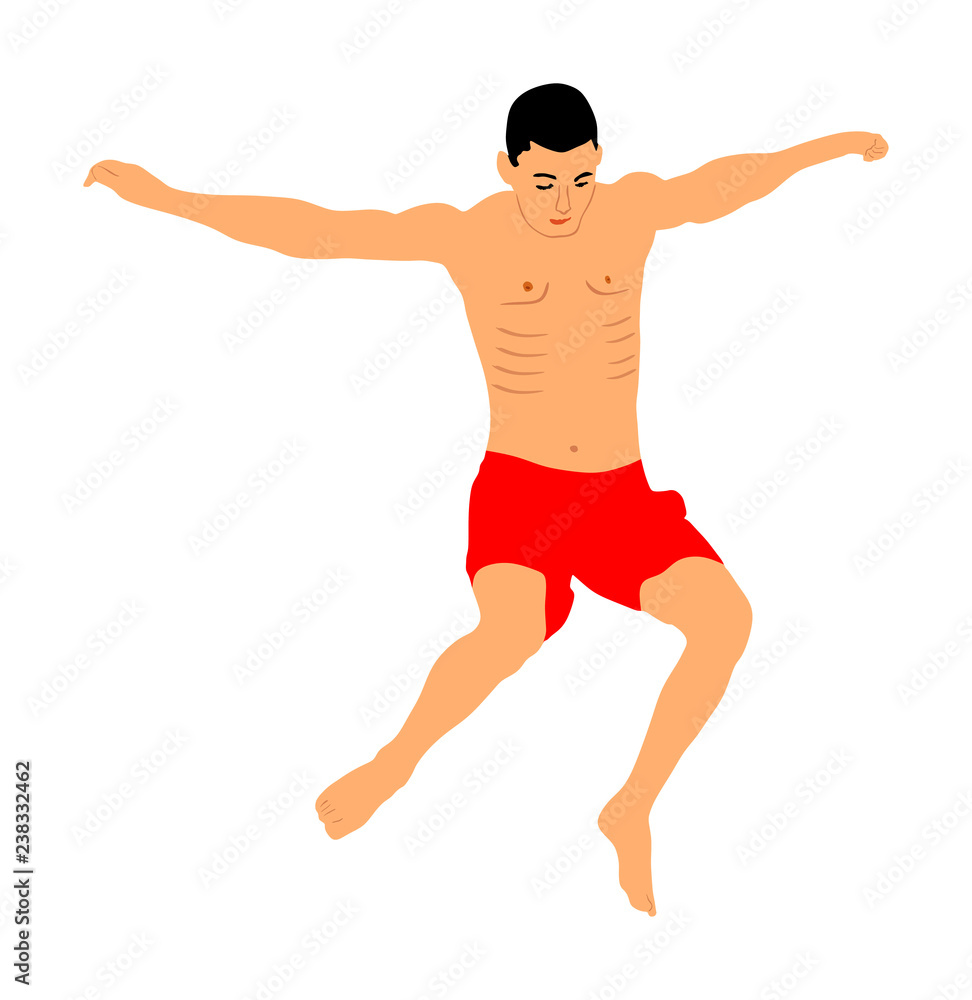 Young boy jumping in water. Man having fun in swimming pool. Cliff jumping vector illustration isolated on white background. Attractive water game on beach. Summer time activity. Enjoying moment. Young boy jumping in water. Man having fun in swimming pool. Cliff jumping vector illustration isolated on white background. Attractive water game on beach. Summer time activity. Enjoying moment.