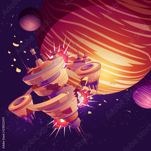 Future spaceship or orbital station crash cartoon vector with firing, breaking on pieces and falling futuristic starship or intergalactic metropolis illustration. Meteorite hit, war conflict in space