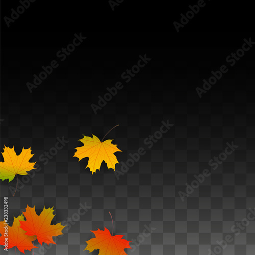 September Vector Background with Golden Falling Leaves. Autumn Illustration with Maple Red, Orange, Yellow Foliage. Isolated Leaf on Transparent Background. Bright Swirl. Suitable for Posters.