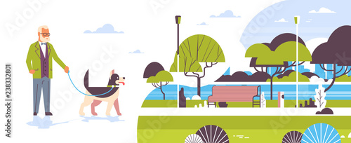 senior man walking with husky dog urban city park background grandfather with his animal pet best friend concept horizontal flat