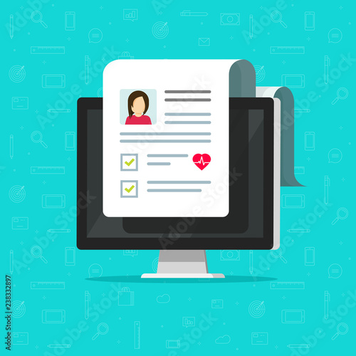 Medical document on computer screen vector icon, pc online healthy electronic checklist results from, concept of on-line medicine, medical record data, internet diagnosis or personal check