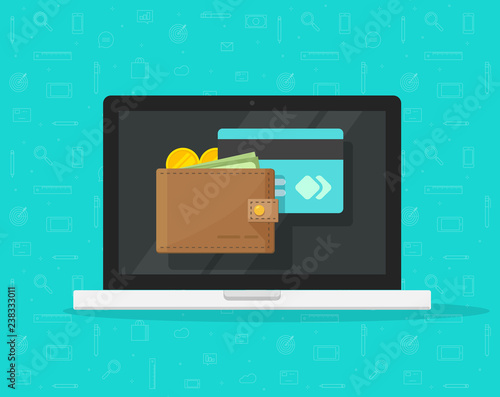 Electronic wallet on laptop computer vector icon, flat cartoon design desktop pc screen with digital money wallet and credit card, internet banking concept, wireless money transfer, internet cash