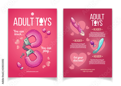 Adult toys cartoon vector advertising brochure or flyer template with fluffy handcuff, vibrators and butt plugs illustrations. Sex shop assortment promo booklet. Erotic role play accessories poster