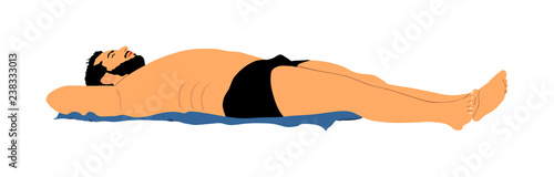 Sexy suntan beach man sunbathing in fashion bikini. Beautiful fit body relaxing. Weight loss or skin care sun protection concept. Vector illustration isolated on white. Macho man lying, play boy.