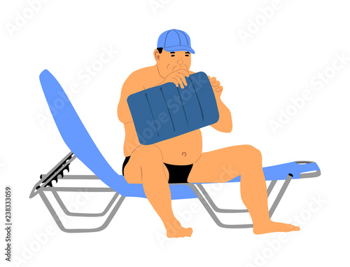 Senior man sitting on sun bed sofa lounge chair. Summer luxury vacation. Day on the beach vector illustration, sunbathing by the pool. Mature fat man blowing air pillow. Retired man relaxing holiday.