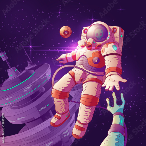 Alien first contact cartoon vector concept with astronaut in futuristic spacesuit reaching hand to extraterrestrial creature while flying in outer space near intergalactic starship or orbital station.