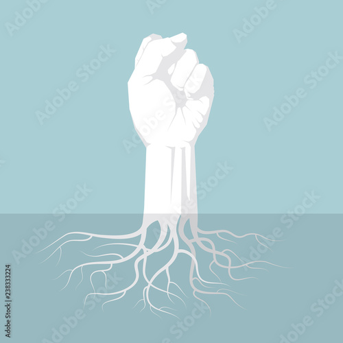 Vector drawn fist. the combination of fist and tree root, surreal design.