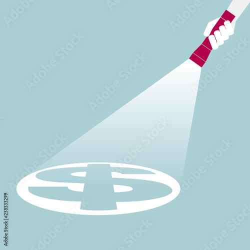 Hand holding a flashlight,projection a dollar sign.