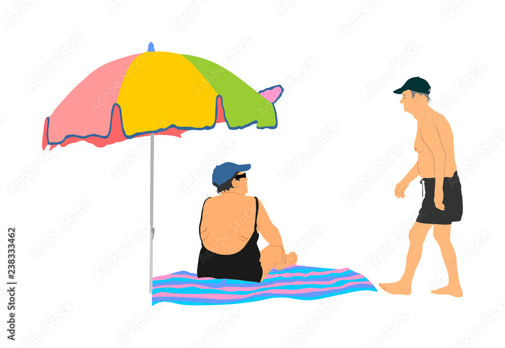 Old senior couple in love under parasol spending time on the beach vector illustration. Sunbathing summer time enjoy. Active life grandmother and grandfather. Weekend activity on sea.