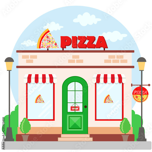 Pizza restaurant facade with signboard