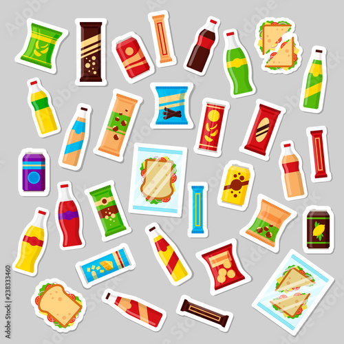 Snack product set, patch badges fast food snacks drinks nuts chips cracker juice sandwich. Flat illustration in vector