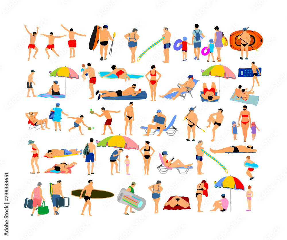 Sunny day on beach activity vector illustration over 50 people characters(boy,girl,man,woman,swimmer,parent, tourist, mother,father,) Water sport. Happy seniors active life. Skin care protection.