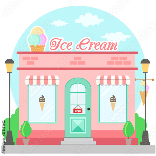 Facade ice cream shop with a signboard