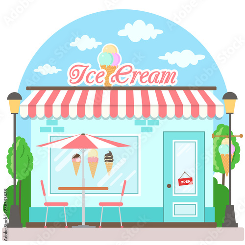 Facade ice cream shop with a signboard