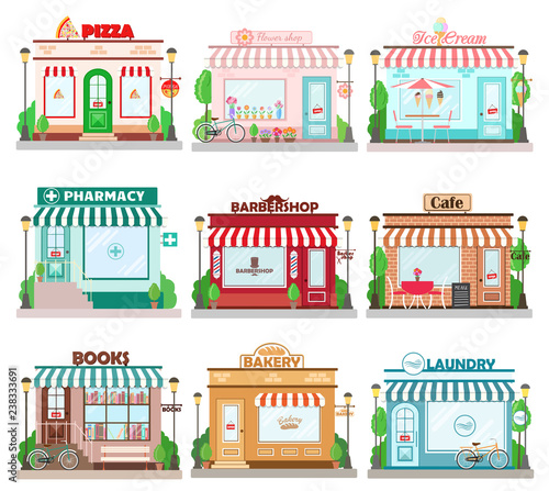 Set of detailed flat design city facade buildings.