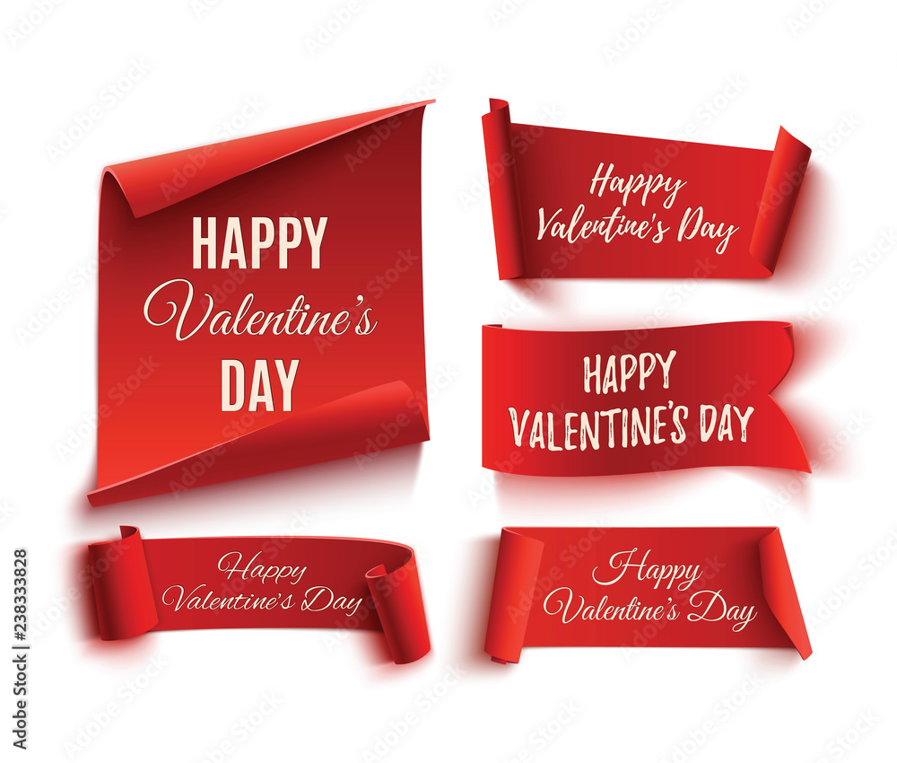 Set of five red, Happy Valentines day banners. Set of five red, Happy Valentines day banners.