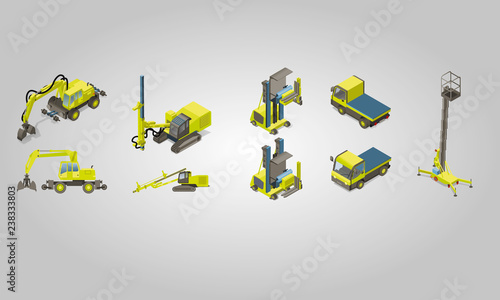 5 véhicules de construction isométriques - machine de construction pour l'industrie du bâtiment vectorielle photo
