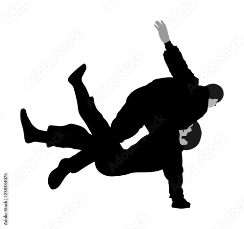 Self defense battle vector silhouette. Man fighting against aggressor with gun pistol. Krav maga demonstration in real situation. Combat for life against terrorist. Army skill action. policeman arrest