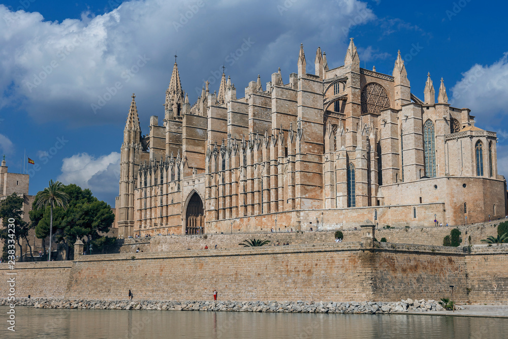 view of the main cathedral of the Balearic Islands on the background of a beautiful blue sky