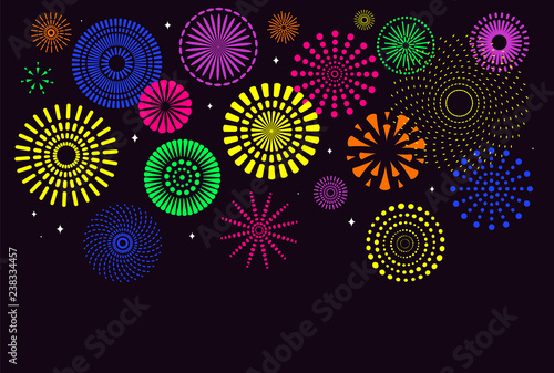 Chinese New Year background with bright fireworks of different colors on black. Vector illustration. Flat style design. Concept for holiday banner, greeting card, decorative element.