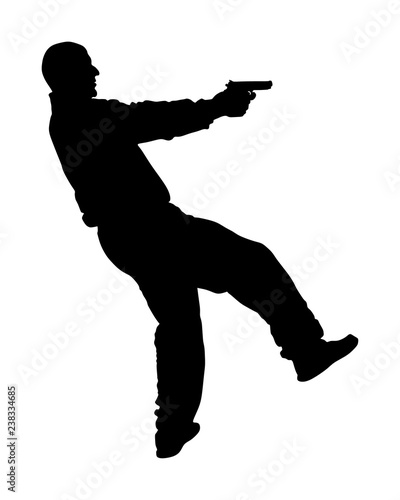 Public crime scene, gunfight battle. Man with gun shooting vector silhouette illustration. Conflict situation. Gun fire. police secret agent shutting. Sportsman  shooting in shooting range.