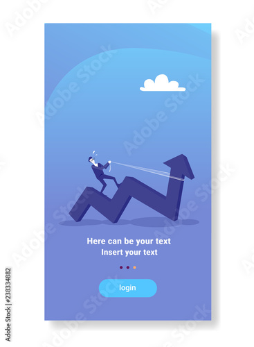 businessman ride arrow pulling up financial success curved line economic strategy concept flat vertical copy space