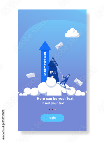 businessman hold fail with rope while success arrow growing up business strategy concept flat vertical copy space