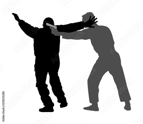 Self defense battle vector silhouette illustration. Man fighting against aggressor with gun or pistol. Krav maga demonstration in real situation. Combat for life against terrorist. Army skill action.
