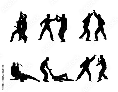 Self defense battle vector silhouette illustration. Man fighting against aggressor with knife. Krav maga demonstration in real situation. Combat for life against terrorist. Army skill in action.