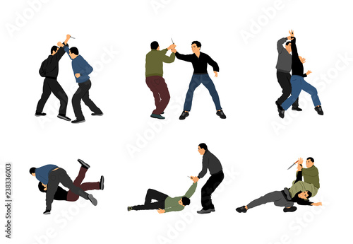 Self defense battle vector illustration. Man fighting against aggressor with knife. Krav maga demonstration in real situation. Combat for life against terrorist. Army skill in action.
