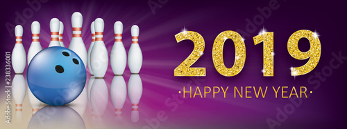 Golden 2019 New Year Bowling Pin Deck Banner Ball