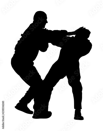 Self defense battle vector silhouette. Man fighting against aggressor with gun pistol. Krav maga demonstration real situation. Combat for life against terrorist. Army skill action. Policeman arrest.