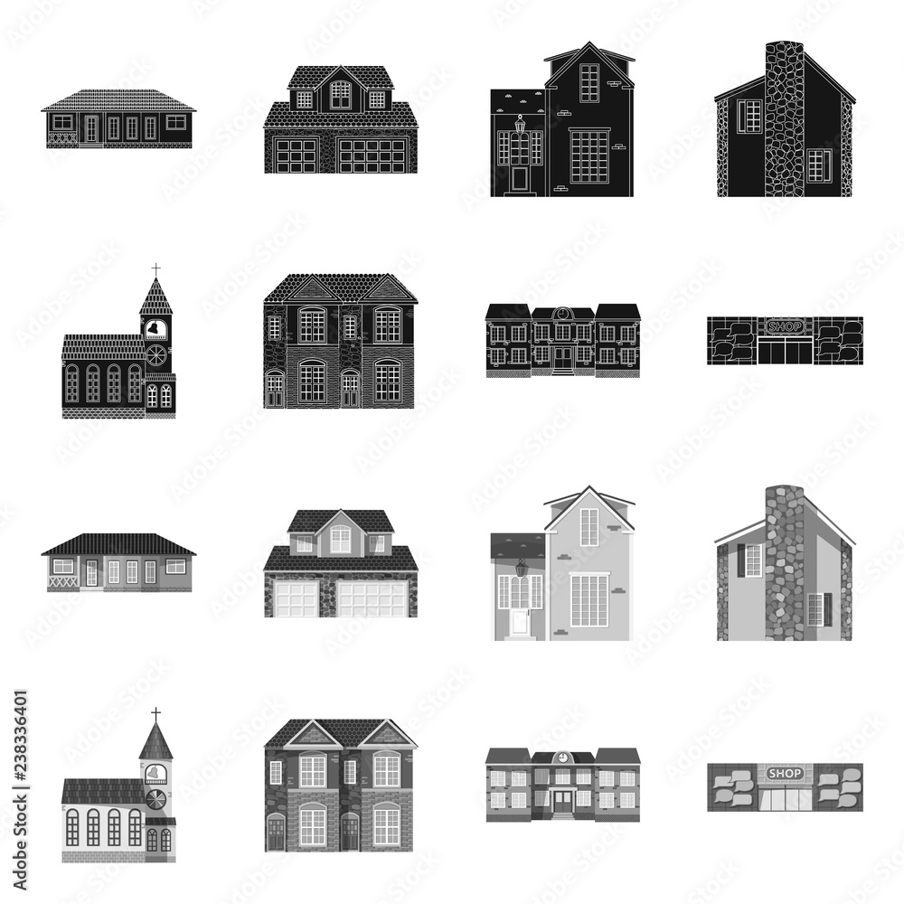 Fototapeta premium Vector illustration of building and front symbol. Collection of building and roof vector icon for stock.
