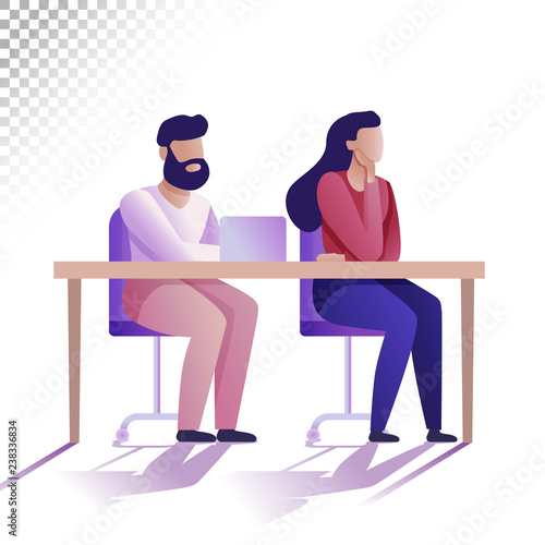Modern people flat illustration. Young man and woman are sitting at the table. Vector illustration on a transparent background.