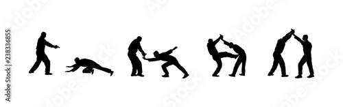 Self defense battle vector silhouette illustration. Man fighting against aggressor with gun or pistol. Krav maga demonstration in real situation. Combat for life against terrorist. Army skill action.