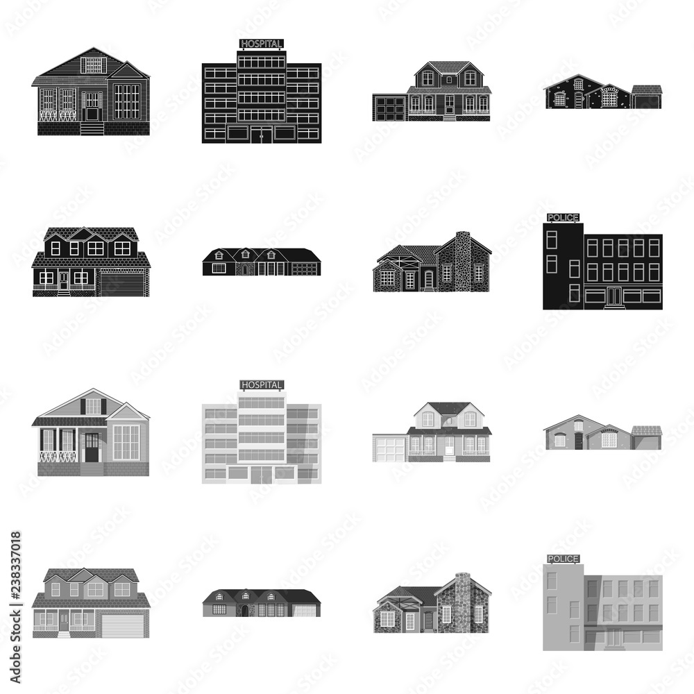 Vector illustration of building and front logo. Collection of building and roof stock vector illustration.