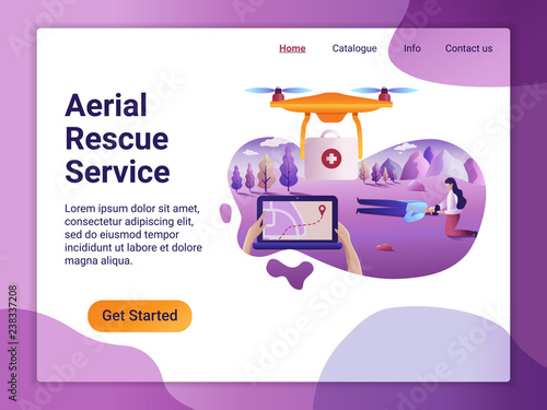 Landing page template of medical service concept. The Flat design concept of web page design for a mobile website. Drone fly over the landscape and delivering ambulance equipment.