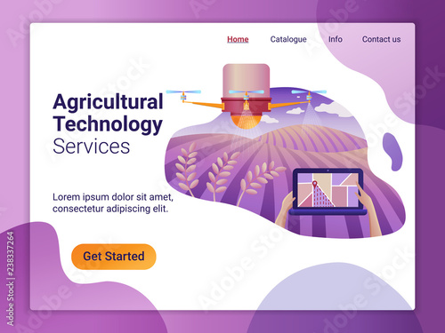 Landing page template of drone or quadcopter for Agriculture. The Flat design concept of web page design for a mobile website. Drone fly over the field and makes spraying or watering.